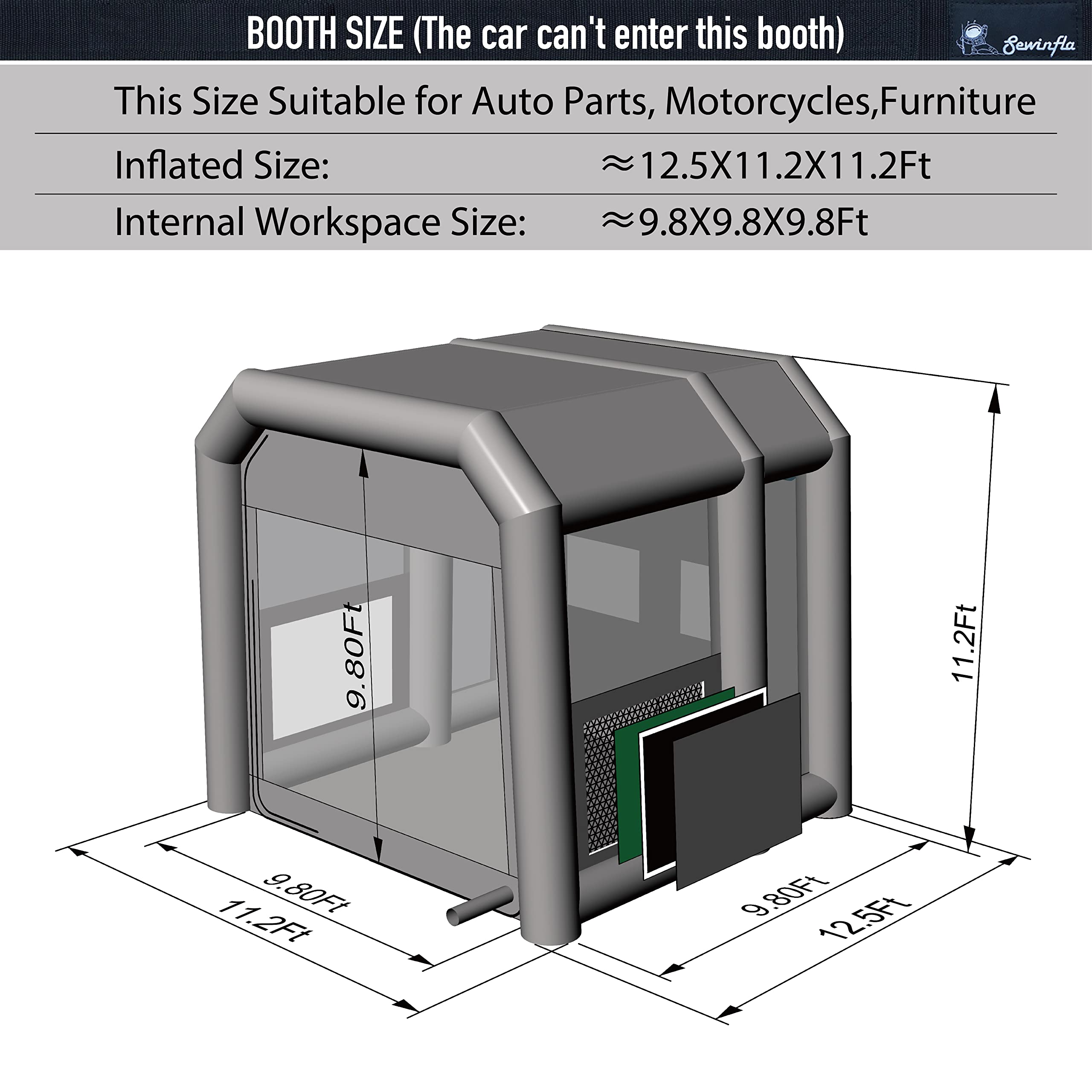 dimensions of 12.5x11.2x11.2ft inflatable paint booth