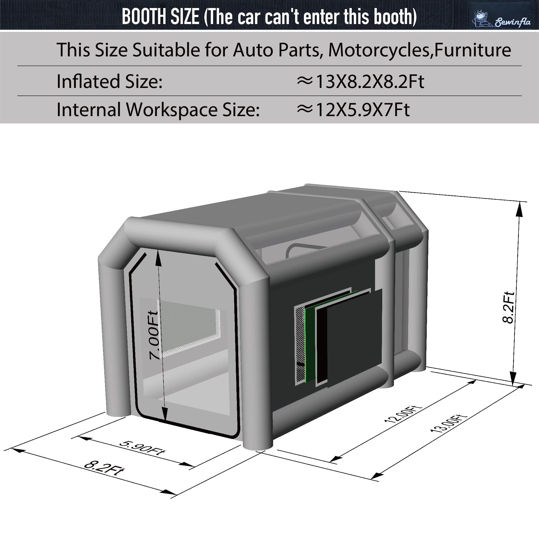 dimensions of 13x8.2x8FT Inflatable Paint Booth