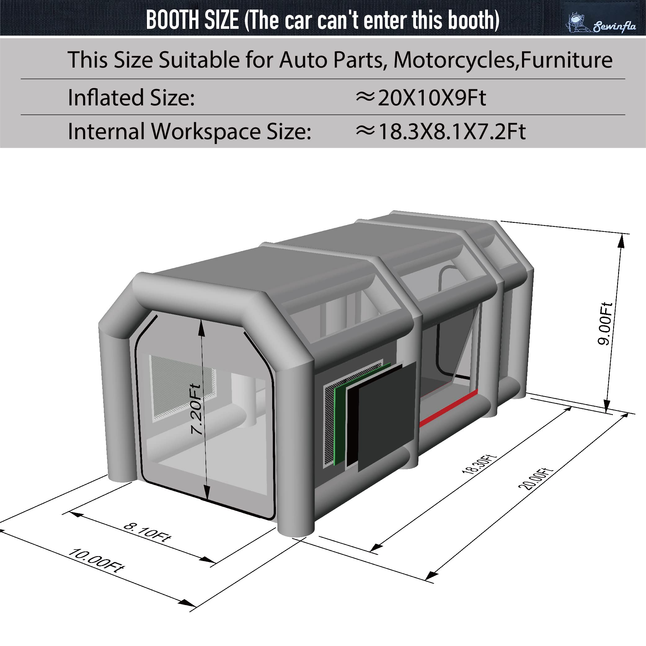 dimensions of 20x10x9ft inflatable paint booth
