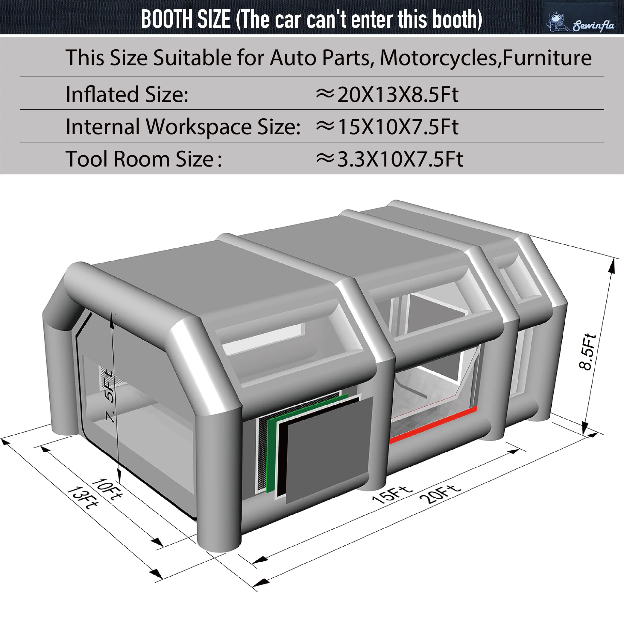 dimensions of 20x13x8.5ft inflatable paint booth