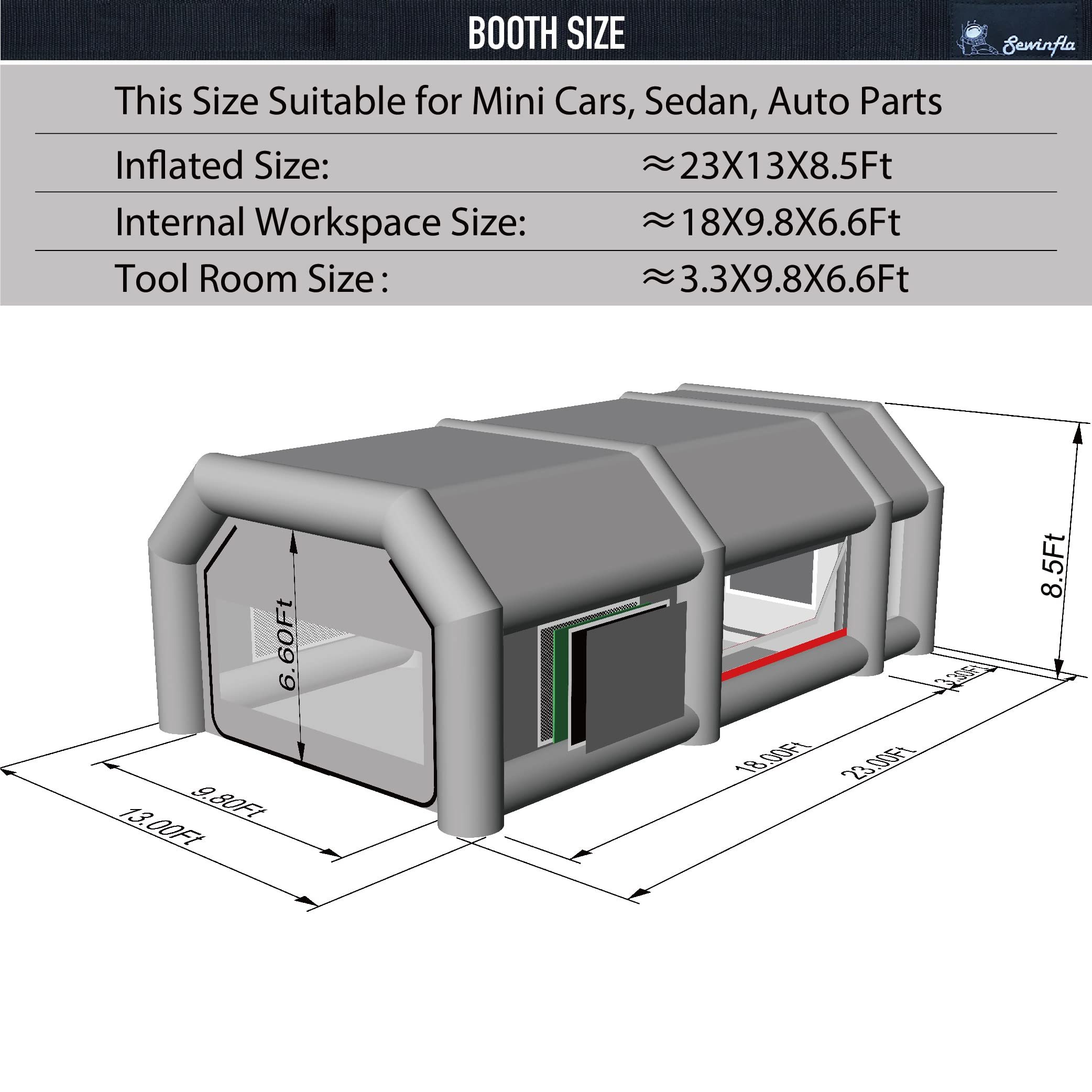 dimensions of 23x13x8.5ft inflatable paint booth