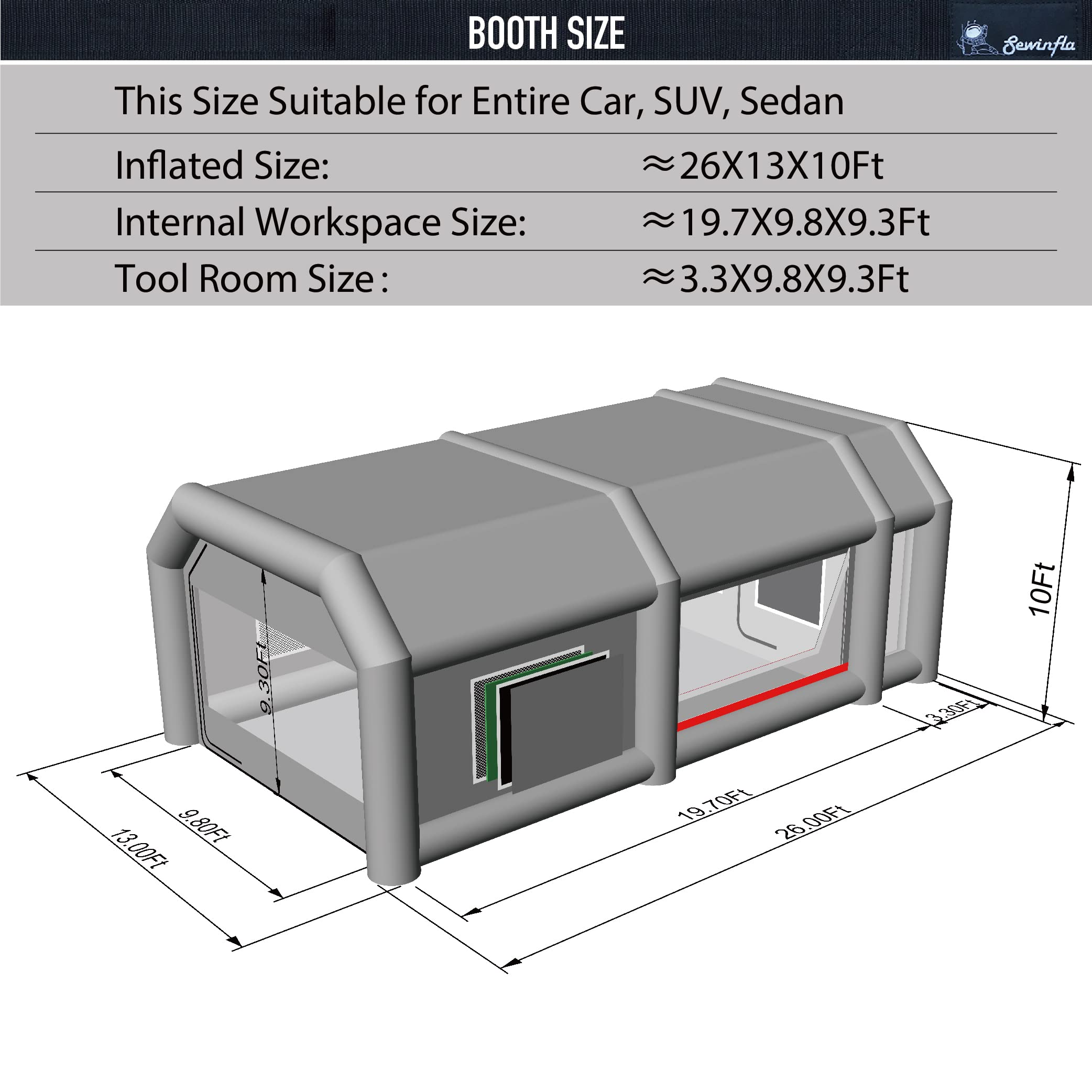 dimensions of 26x13x10ft inflatable paint booth