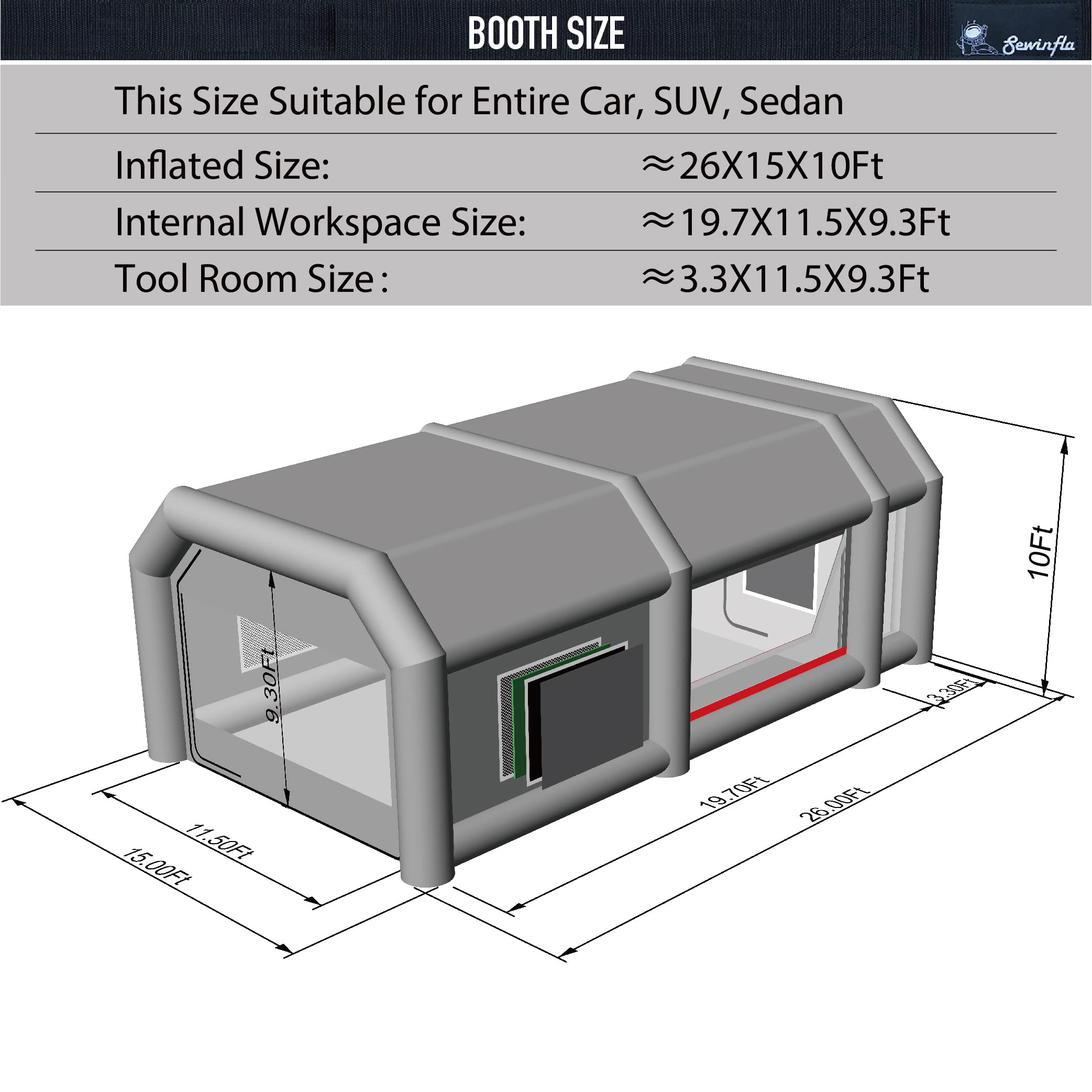 dimensions of 26x15x10ft inflatable paint booth