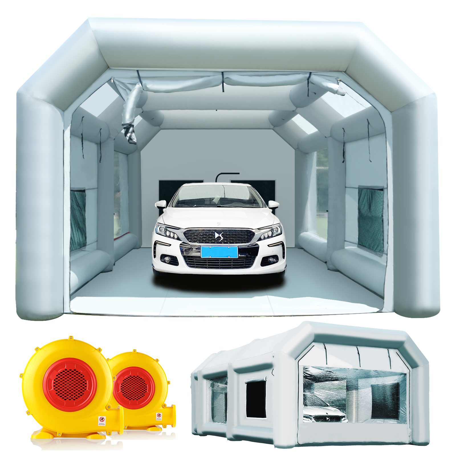 blower multiple views of 28x15x11ft inflatable paint booth