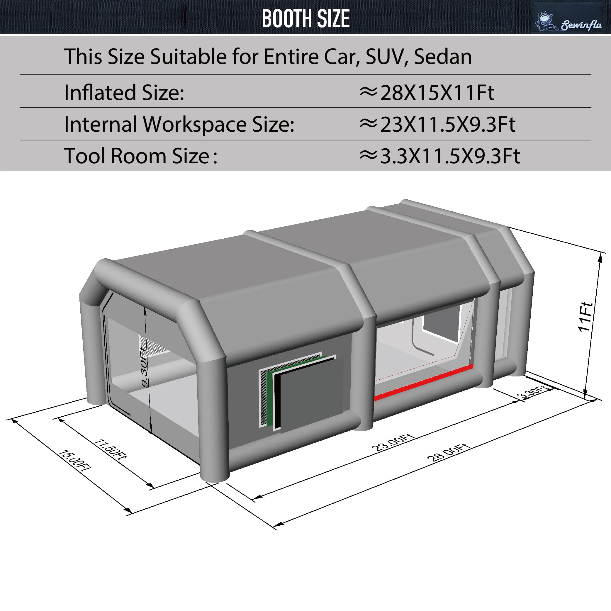 dimensions of 28x15x11ft inflatable paint booth