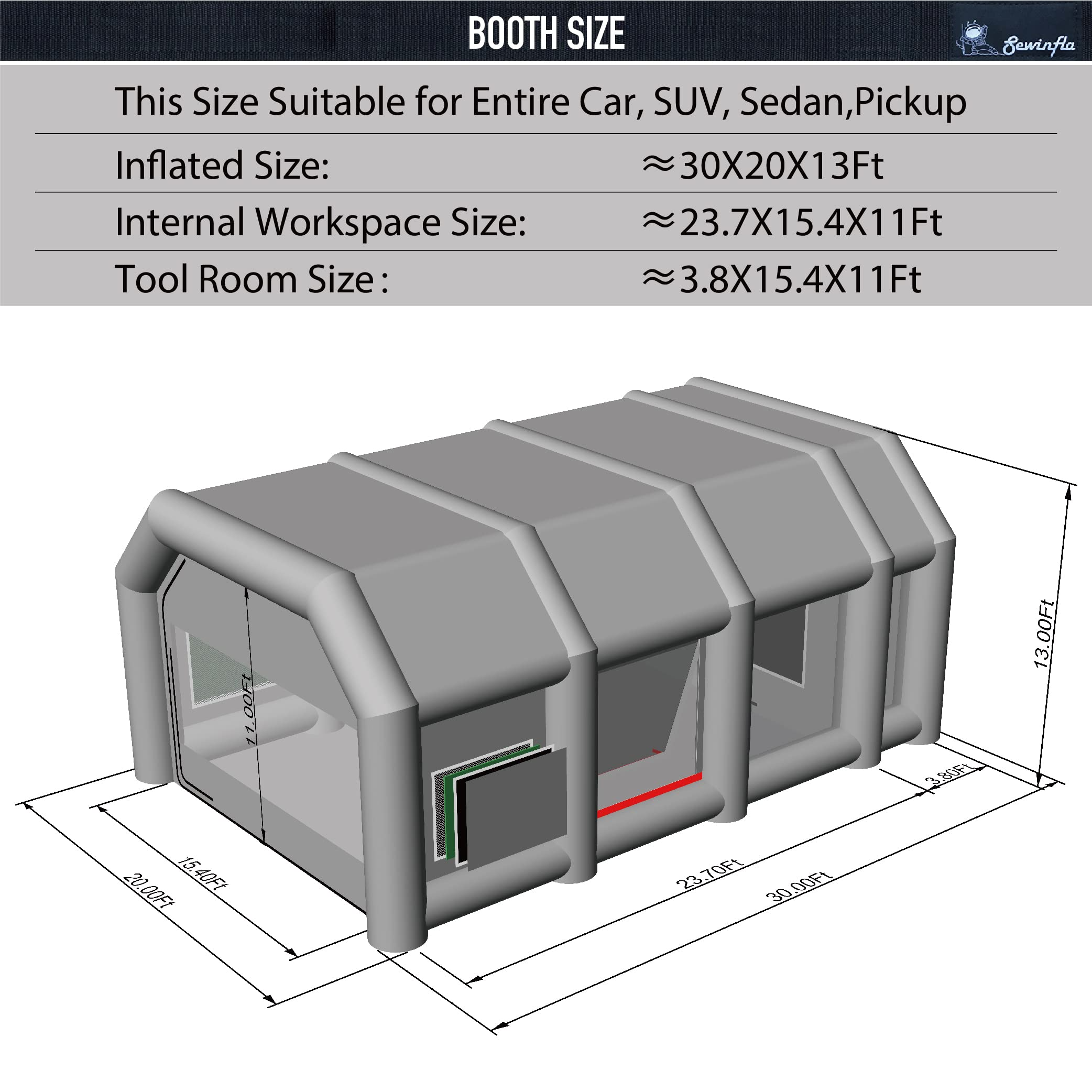dimensions of 30x20x13ft inflatable paint booth