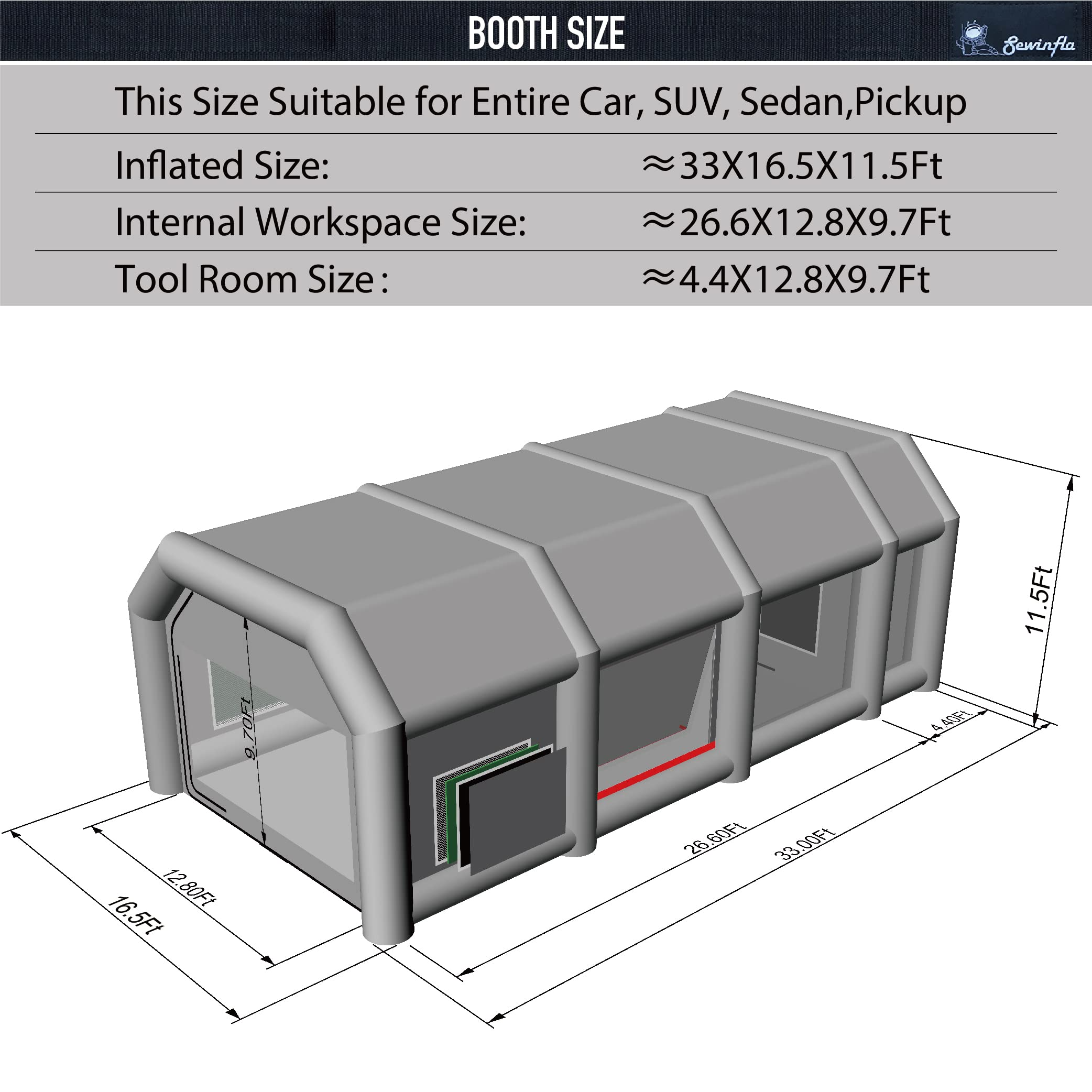 dimensions of 33x16.5x11.5ft inflatable paint booth