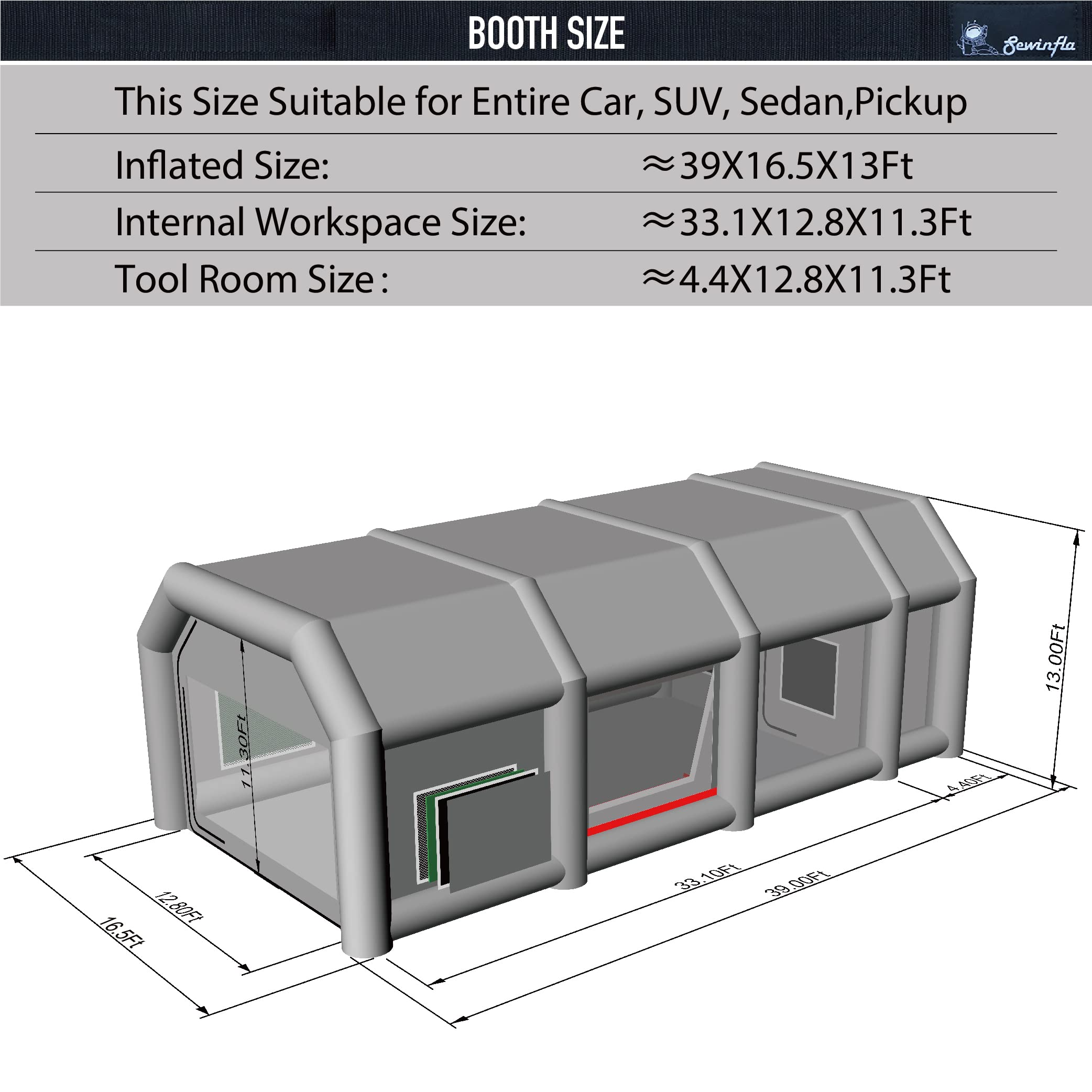 dimensions of 39x16.5x13ft inflatable paint booth