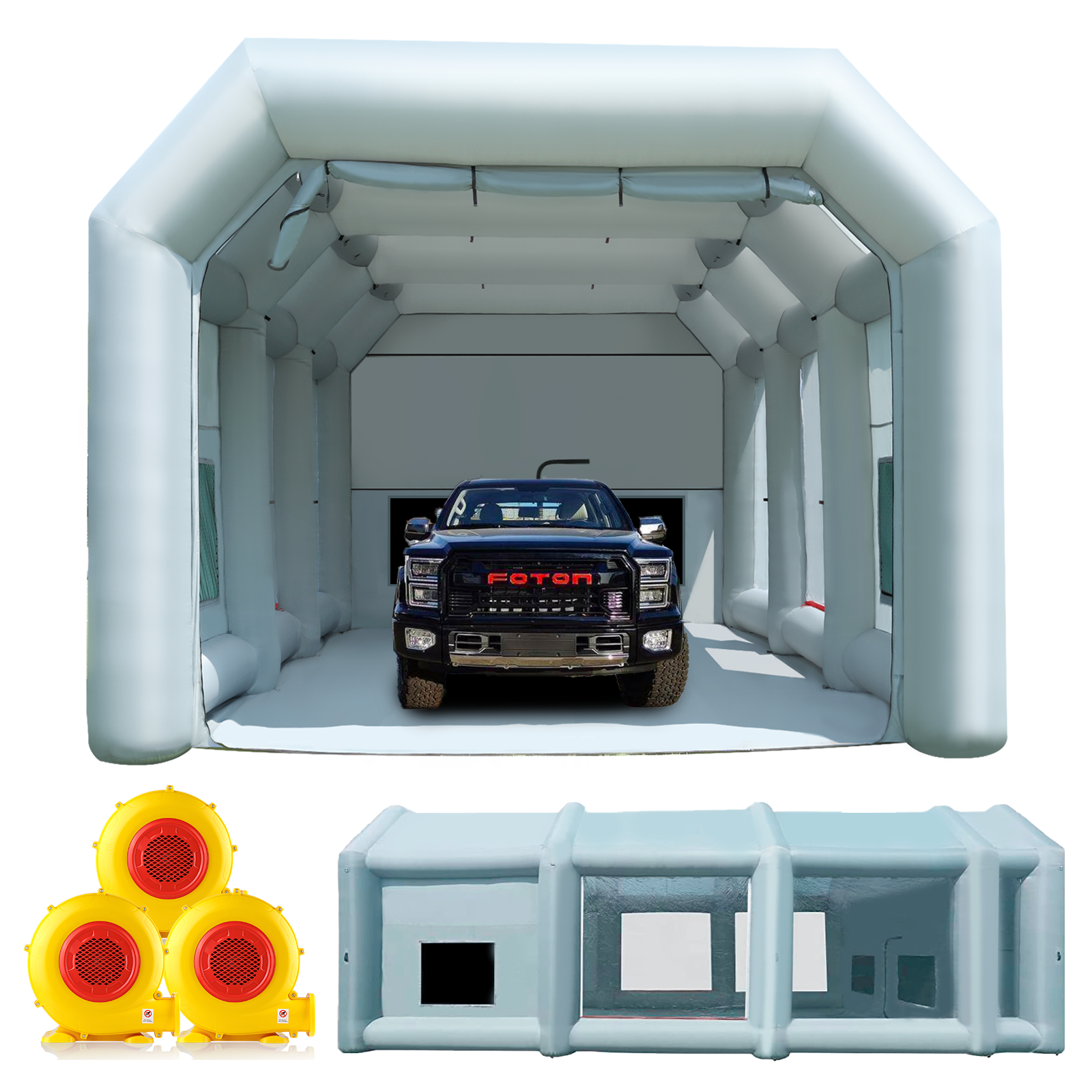 blower multiple views of 39x20x13ft inflatable paint booth