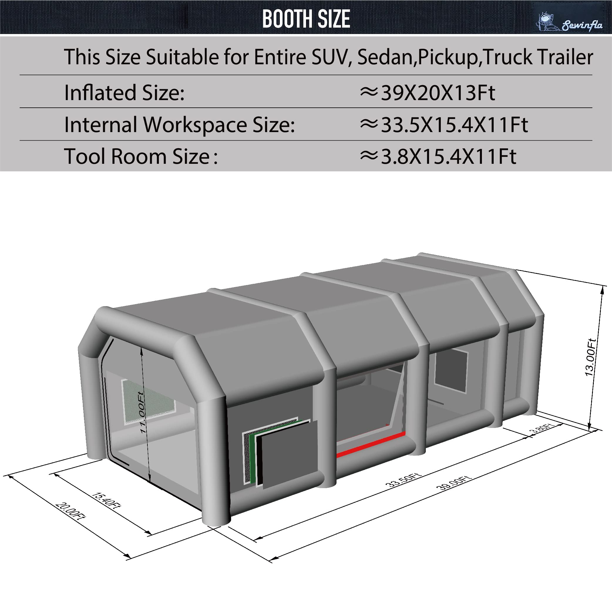 dimensions of 39x20x13ft inflatable paint booth
